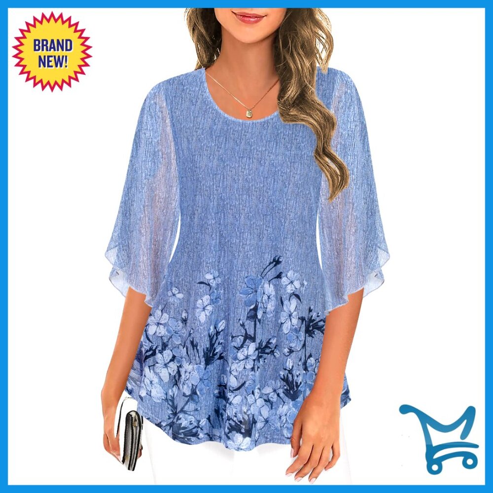 3/4 Sleeve Mesh Tunic Blouse, Double Layer, Polyester Spandex, Dressy Casual